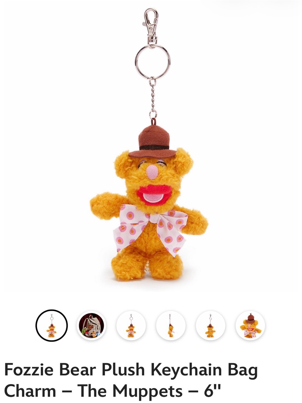 Disney Fozzie Bear Plush Keychain in Yellow with Brown Hat and Pink Bow